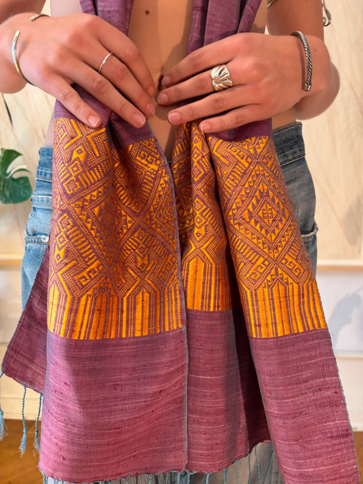 A close detail of the cloth: Hmong indigo against plant-dyed cotton