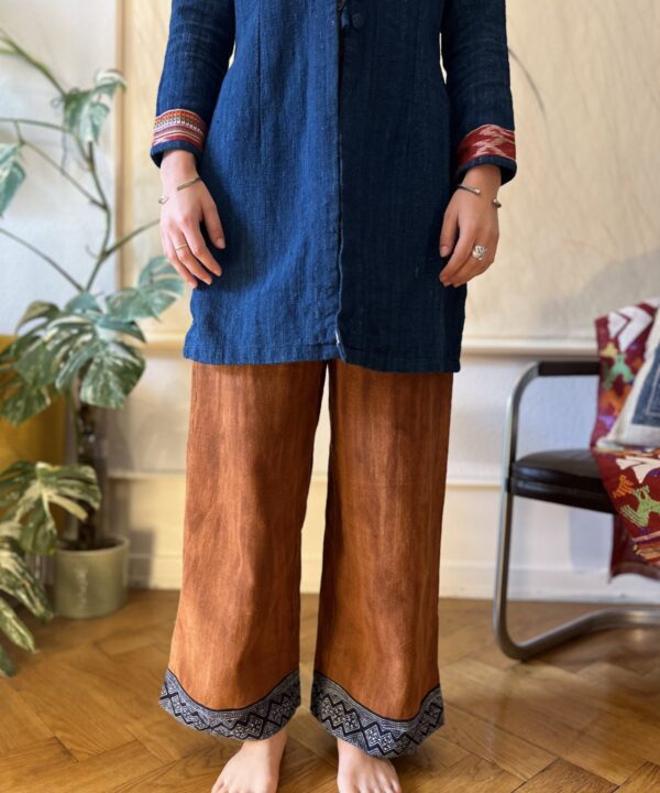 Coffee trousers with Hmong fabric